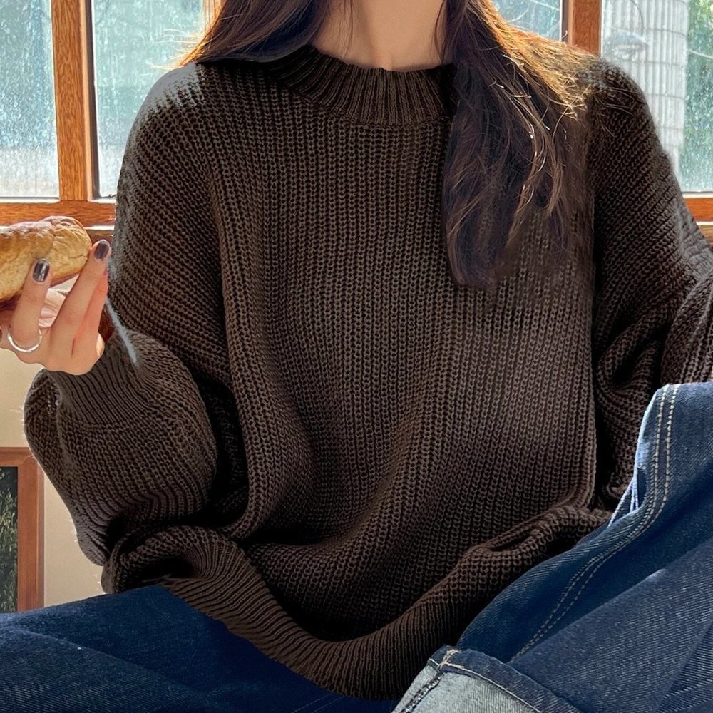 Brown Boho Womens Eyelet Detail Ribbed Knit Drop Shoulder Sweater - Picture 2 of 5